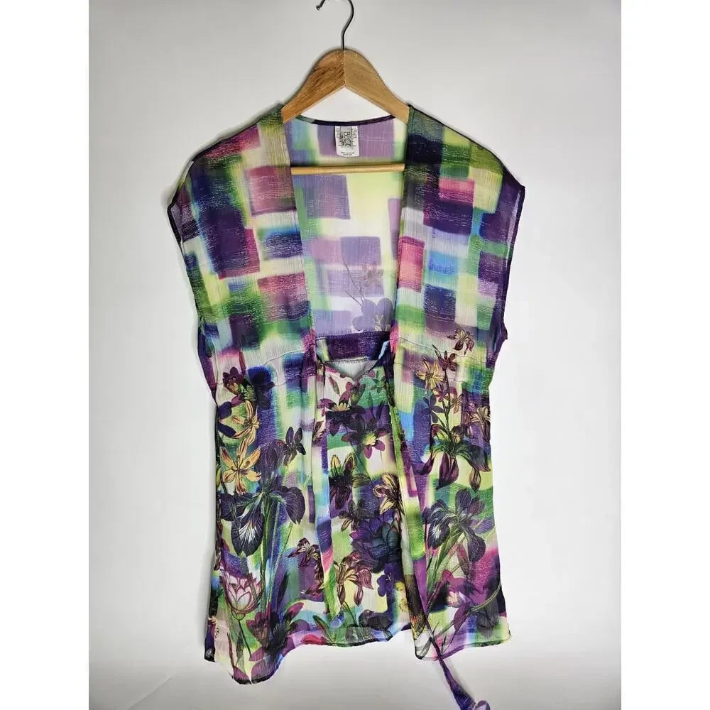 Becca by Rebecca Virtue Womens Purple Semi-Sheer Swim Cover-up SZ XS Pink Green